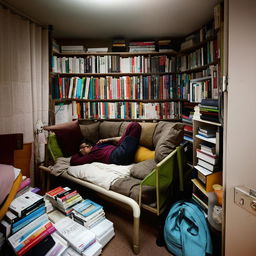 A 10x10 room of a dedicated UPSC aspirant filled with piles of books, showcasing a single mini bed and a comfortable sofa.