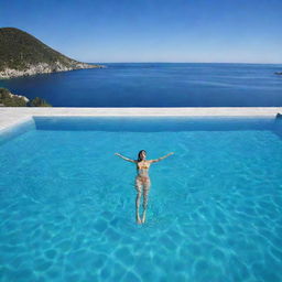 A vivid scene of a person gracefully swimming in a crystal clear swimming pool under a clear blue sky