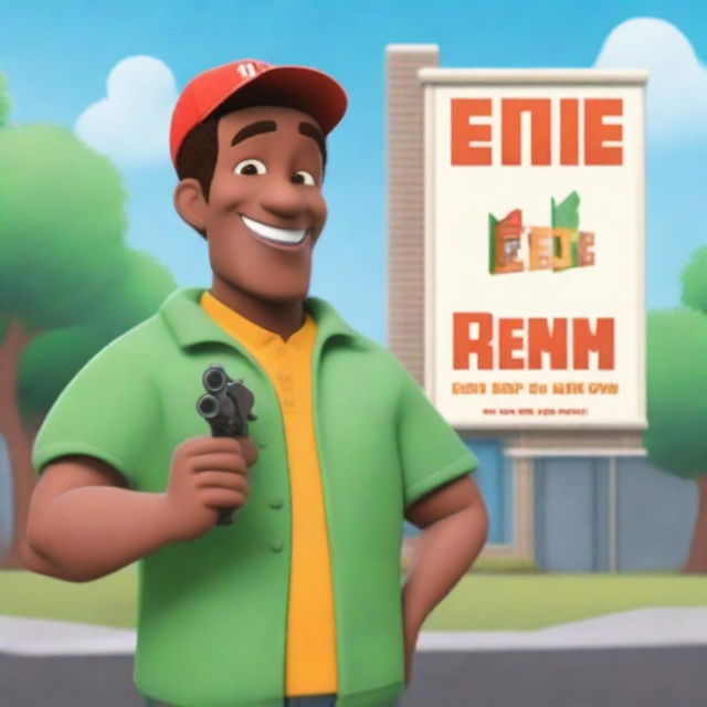 Create an animated movie poster featuring a man holding a toy gun in front of an elementary school