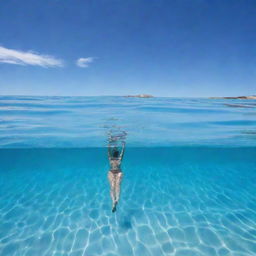 A vivid scene of a person gracefully swimming in a crystal clear swimming pool under a clear blue sky