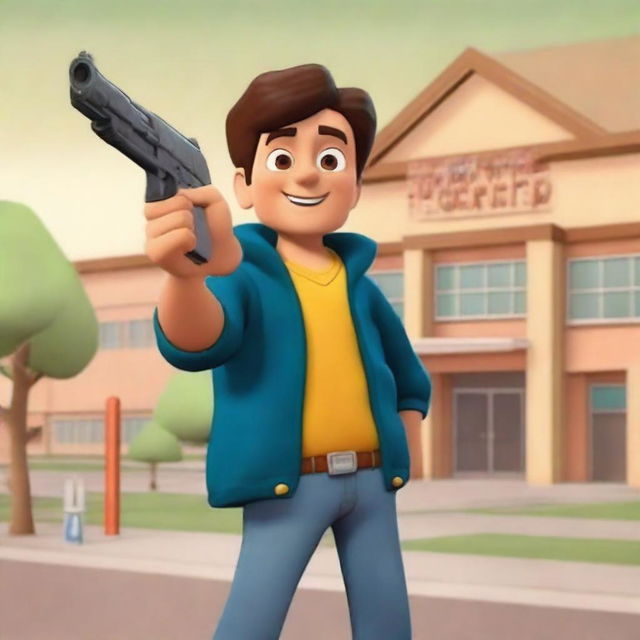 Create an animated movie poster featuring a man holding a toy gun in front of an elementary school