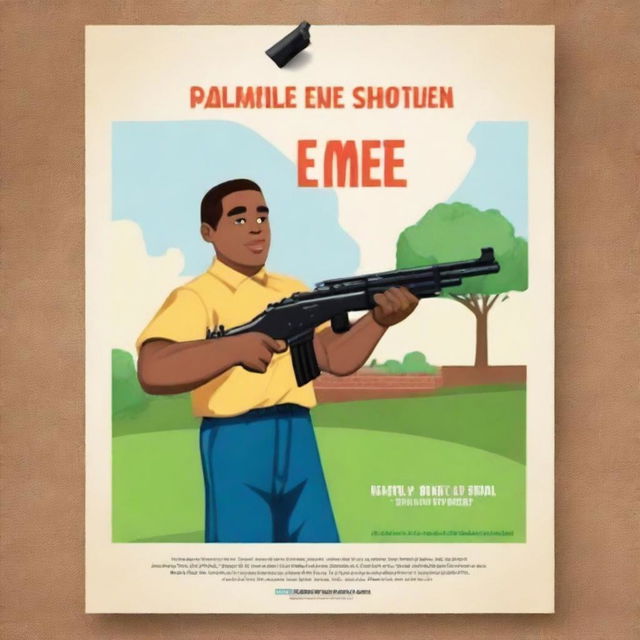 Create a poster featuring a man holding a shotgun in front of an elementary school