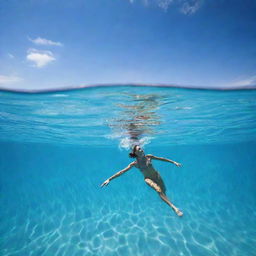 A vivid scene of a person gracefully swimming in a crystal clear swimming pool under a clear blue sky