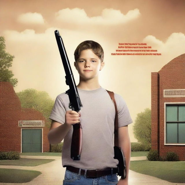 Create a movie poster featuring a man holding a shotgun in front of an elementary school