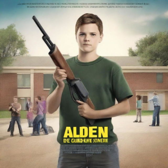 Create a movie poster featuring a man holding a shotgun in front of an elementary school