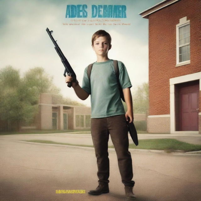 Create a movie poster featuring a man holding a shotgun in front of an elementary school