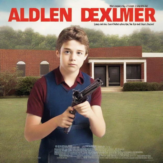 Create a movie poster featuring a man holding a shotgun in front of an elementary school