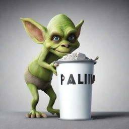 Create a movie poster featuring a goblin eating trash out of a trash can