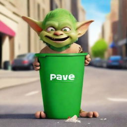 Create a movie poster featuring a goblin eating trash out of a trash can