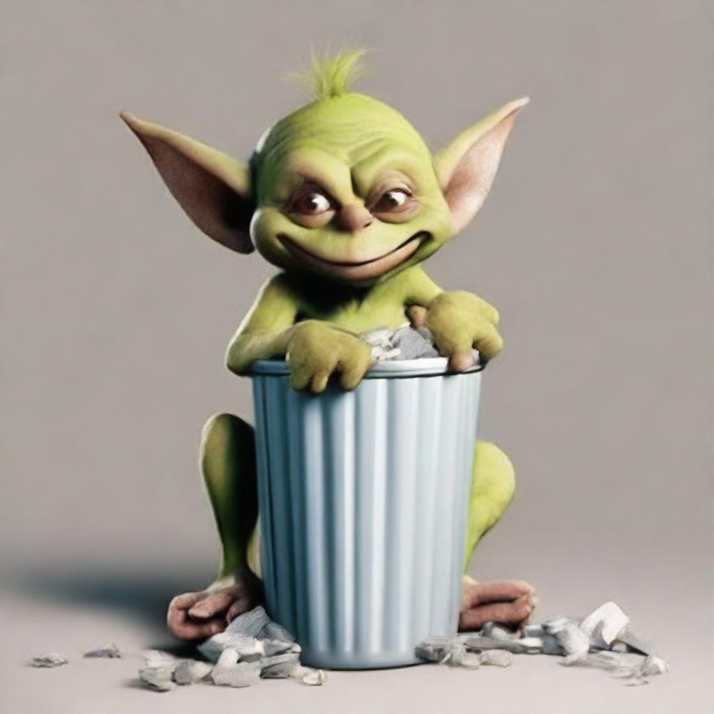 Create a movie poster featuring a goblin eating trash out of a trash can