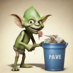 Create a movie poster featuring a goblin eating trash out of a trash can