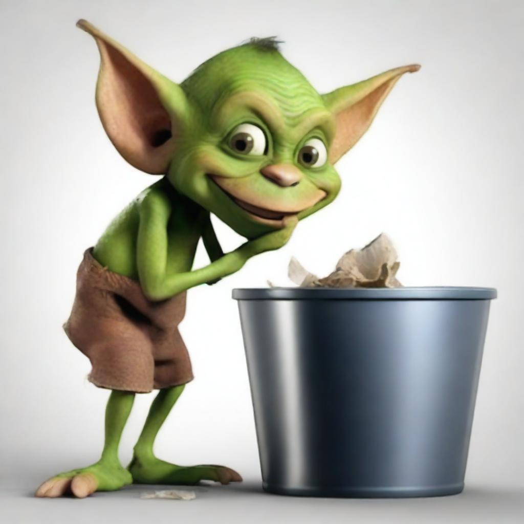 Create a movie poster featuring a goblin eating trash out of a trash can