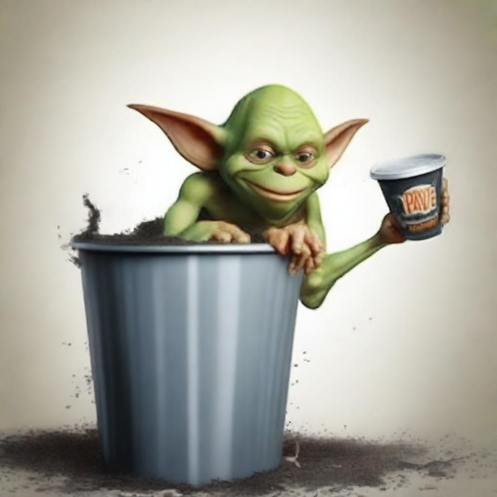 Create a movie poster featuring a goblin eating trash out of a trash can