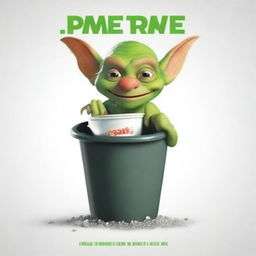 Create a movie poster featuring a goblin eating trash out of a trash can