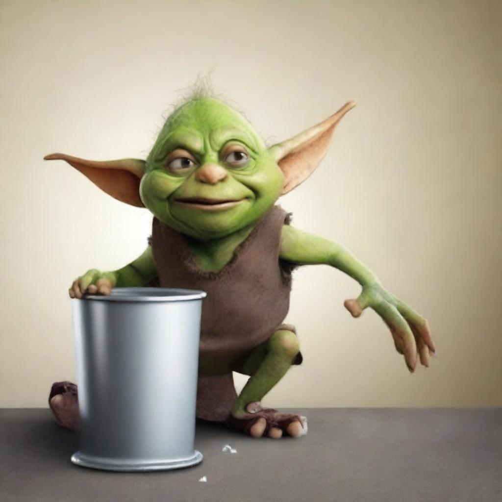 Create a movie poster featuring a goblin eating trash out of a trash can