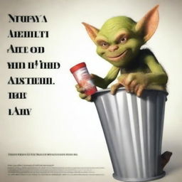 Create a movie poster featuring a goblin eating trash out of a trash can