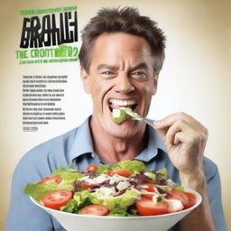 Create a movie poster featuring a man with an underbite eating salad