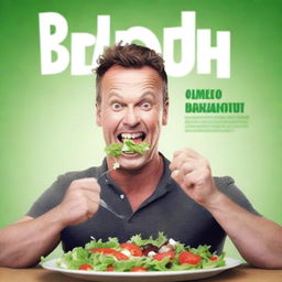 Create a movie poster featuring a man with an underbite eating salad