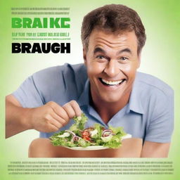 Create a movie poster featuring a man with an underbite eating salad