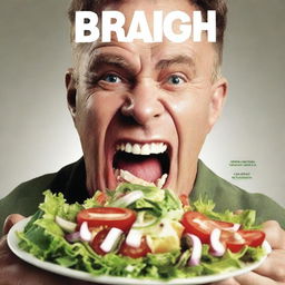 Create a movie poster featuring a man with an underbite eating salad