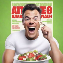 Create a movie poster featuring an unattractive man with an underbite eating a salad