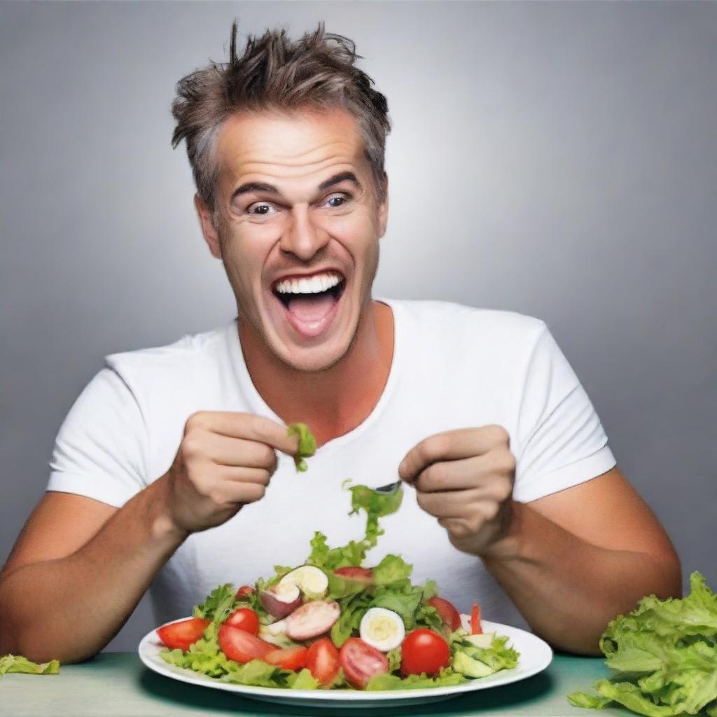 Create a movie poster featuring an unattractive man with an underbite eating a salad