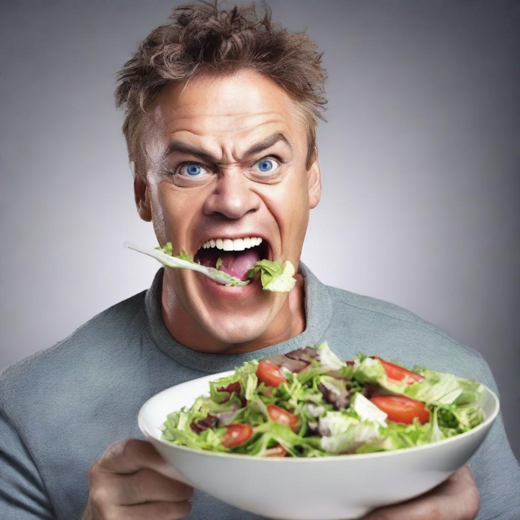 Create a movie poster featuring an unattractive man with a severe underbite eating a salad