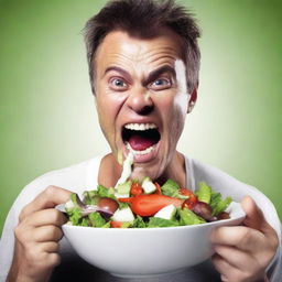 Create a movie poster featuring an unattractive man with a severe underbite eating a salad