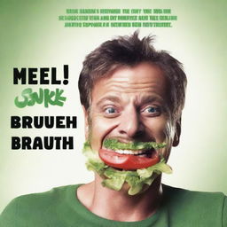 Create a movie poster featuring an unattractive man with a severe underbite eating a salad