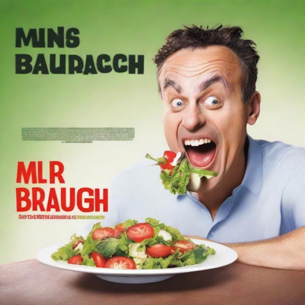 Create a movie poster featuring an unattractive man with a severe underbite eating a salad