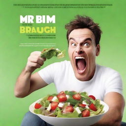 Create a movie poster featuring an unattractive man with a severe underbite eating a salad