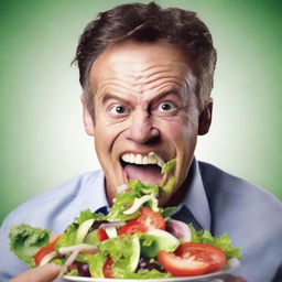 Create a movie poster featuring an unattractive man with a severe underbite eating a salad