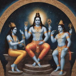 Ancient Hindu gods Shiva, Vishnu, and Brahma in a divine council, engaged in an intense discussion with the cosmos as their backdrop.