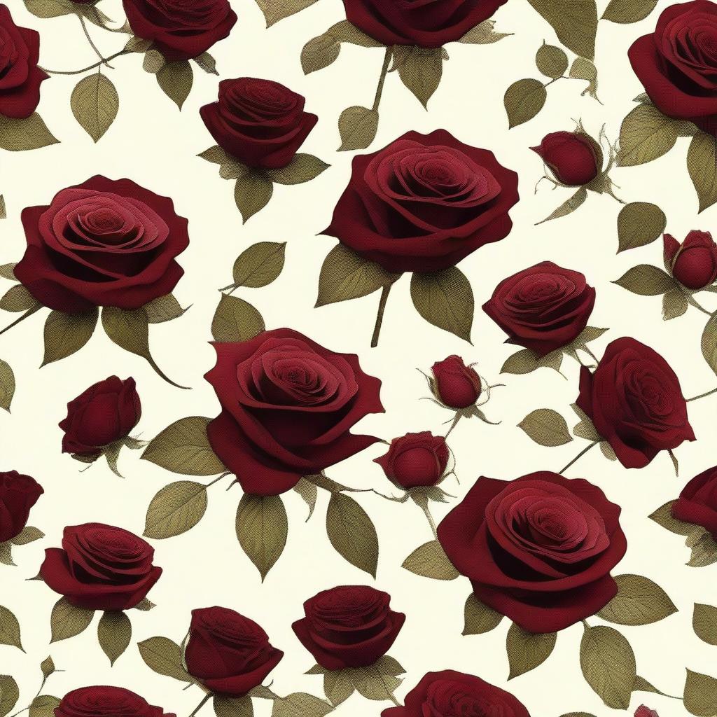 Generate an image with a vintage white cream background featuring some dead dark red roses scattered across the image.