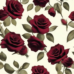 Generate an image with a vintage white cream background featuring some dead dark red roses scattered across the image.