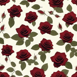 Generate an image with a vintage white cream background featuring some dead dark red roses scattered across the image.