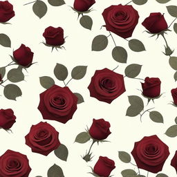 Generate an image with a vintage white cream background featuring some dead dark red roses scattered across the image.