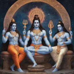 Ancient Hindu gods Shiva, Vishnu, and Brahma in a divine council, engaged in an intense discussion with the cosmos as their backdrop.