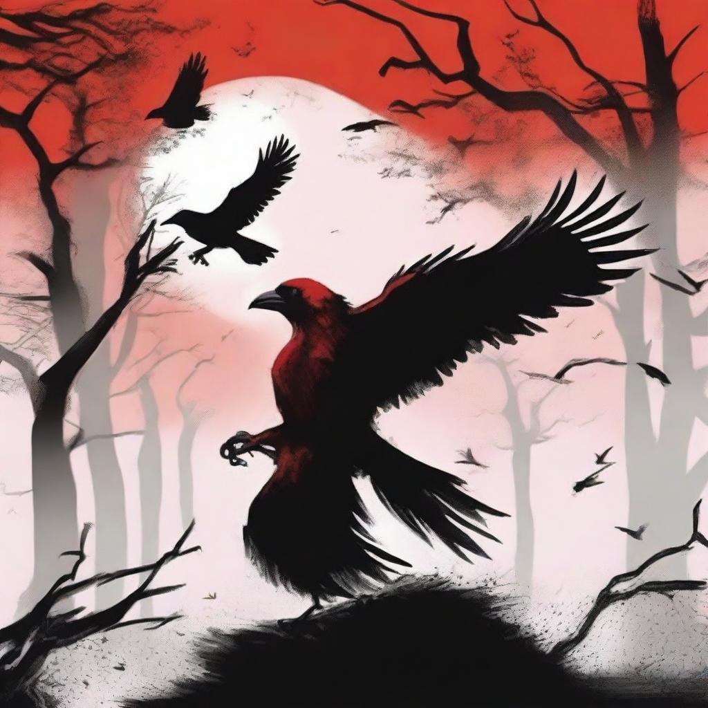 Depict a dramatic scene of a red crow being kidnapped