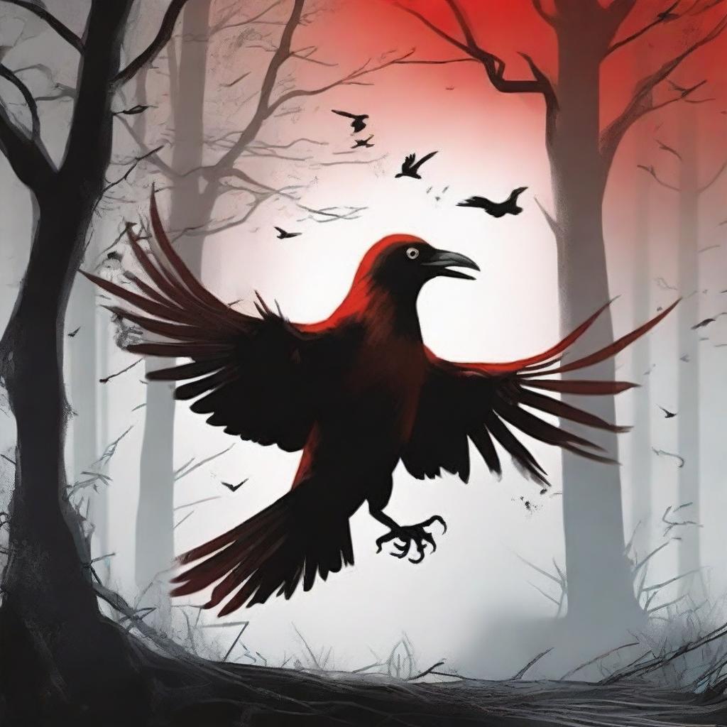 Depict a dramatic scene of a red crow being kidnapped