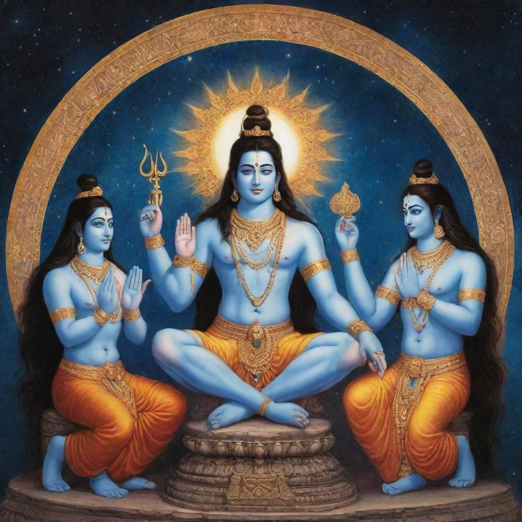 Ancient Hindu gods Shiva, Vishnu, and Brahma in a divine council, engaged in an intense discussion with the cosmos as their backdrop.