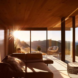 A cozy and stylish interior of a modern home with warm sunlight streaming in through large windows