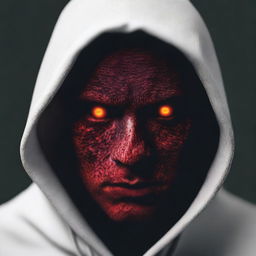 Generate an image of a man with red eyes wearing a hood.