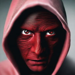 Generate an image of a man with red eyes wearing a hood.