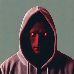 Generate an image of a man with red eyes wearing a hood.