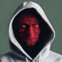 Generate an image of a man with red eyes wearing a hood.