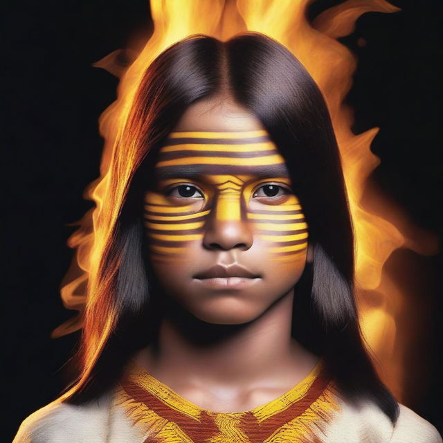 Create an image of a young indigenous boy with extremely straight hair, slightly slanted eyes, skin as white as cotton, and eyes as yellow as fire