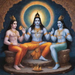 Ancient Hindu gods Shiva, Vishnu, and Brahma in a divine council, engaged in an intense discussion with the cosmos as their backdrop.