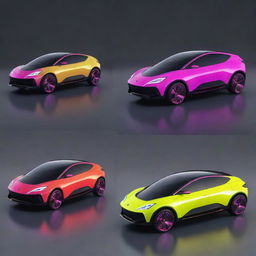 Electropunk passenger vehicles exhibiting vibrant neon color schemes, integrated with electronic elements, futuristic shapes and innovative energy-powered designs.