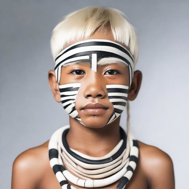 Create an image of a young indigenous boy with white skin and blonde hair.